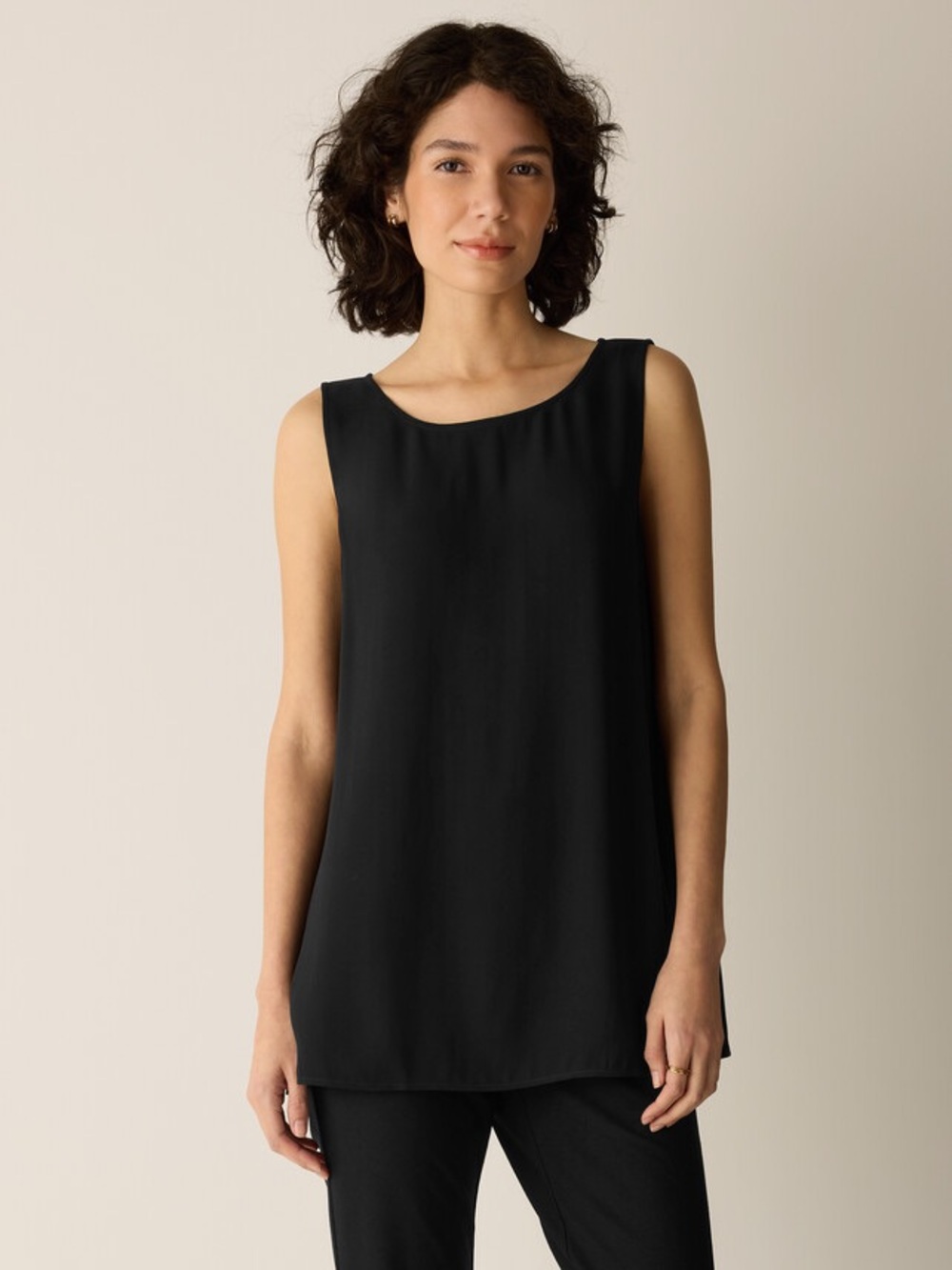 Eileen Fisher Silk Georgette Crepe Ballet Neck Long Tank Medium